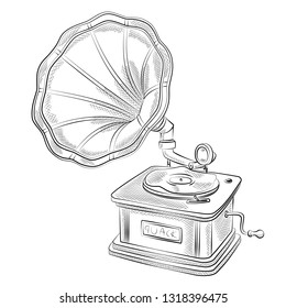 Steampunk vintage gramophone. Black white.