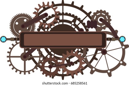 Steampunk vintage isolated frame sign, rusty grunge collage, gems, cogs, dark elements, wheels and gears