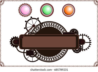 Steampunk vintage isolated frame sign, cogs, gems, buttons, dark elements, wheels and gears