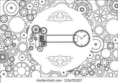 Steampunk vintage metal isolated frame, clock, sign, poster illustration of rusty grunge collage, cogs, dark elements, wheels and gears