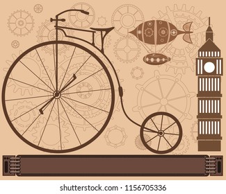 Steampunk vintage metal isolated frame sign. Bike of London poster illustration of rusty grunge collage, airship cogs, dark elements, wheels and gears