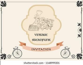Steampunk vintage metal isolated frame sign. London poster illustration of rusty grunge collage, airship or train cogs, dark elements, wheels and gears