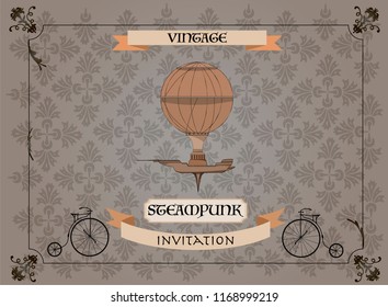 Steampunk vintage metal isolated frame sign. London poster illustration of rusty grunge collage, airship or train cogs, dark elements, wheels and gears
