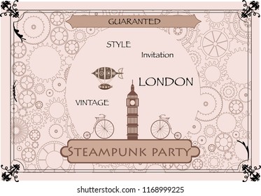 Steampunk vintage metal isolated frame sign. London poster illustration of rusty grunge collage, airship or train cogs, dark elements, wheels and gears