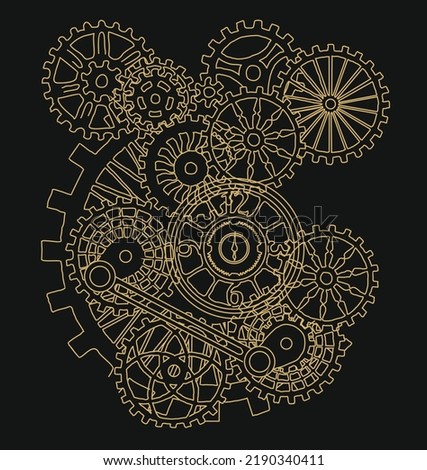 Steampunk vintage metal isolated frame sign, poster illustration of rusty grunge collage, cogs, elements, wheels and gears golden on black background.