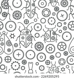Steampunk vintage metal isolated frames vector seamless pattern. Grunge insects, cogs, black elements, wheels and gears.
