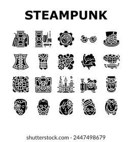 steampunk vintage metal steam icons set vector. gear old, punk brass, retro clock, machine mechanism, industrial rusty bronze, cog steampunk vintage metal steam glyph pictogram Illustrations