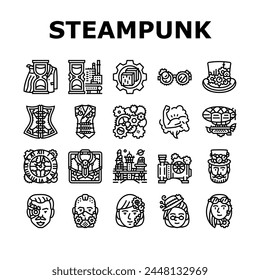 steampunk vintage metal steam icons set vector. gear old, punk brass, retro clock, machine mechanism, industrial rusty bronze, cog steampunk vintage metal steam black contour illustrations