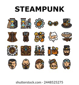 steampunk vintage metal steam icons set vector. gear old, punk brass, retro clock, machine mechanism, industrial rusty bronze, cog steampunk vintage metal steam color line illustrations