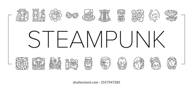 steampunk vintage metal steam icons set vector. gear old, punk brass, retro clock, machine mechanism, industrial rusty bronze, cog steampunk vintage metal steam black contour illustrations