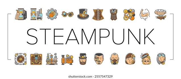 steampunk vintage metal steam icons set vector. gear old, punk brass, retro clock, machine mechanism, industrial rusty bronze, cog steampunk vintage metal steam color line illustrations