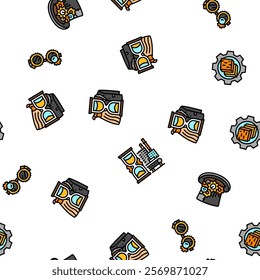 steampunk vintage metal steam vector seamless pattern thin line illustration