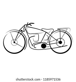 Steampunk vintage motorcycle vector Illustration on a white background. Linear silhouette of the ancient motorcycle. Old mechanism. New minimalism. Black tattoo. Vector illustration.