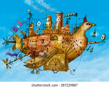 Steampunk vintage plane, hand drawn vector illustration. The mechanical bird airplane flies against the blue sky