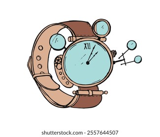 Steampunk vintage style watch. Wristwatch, retro steam-punk design. Mechanical clock with gears, mechanisms, industrial aesthetics. Hand-drawn vector illustration isolated on white background