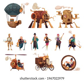 Steampunk Vintage Technology Icons Set With Cartoon Characters And Vehicles Isolated Vector Illustration