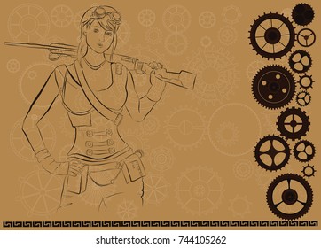 steampunk vintage ticket background with girl in goggles, cogs and gears