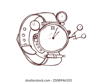 Steampunk vintage watch, wrist clock. Mechanical wristwatch in retro industrial Victorian style. Clockwork with steam-punk gear and technology. Drawn vector illustration isolated on white background