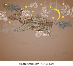 Steampunk whale in night sky with stars and moon and beautiful clouds