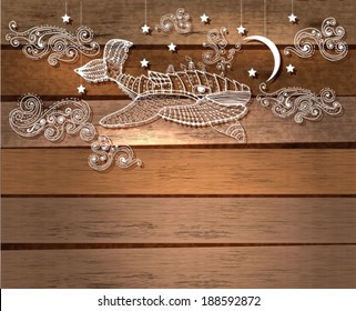 Steampunk whale in night sky with stars and moon and beautiful clouds over wood background, VECTOR