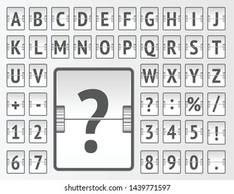 Steampunk winter terminal mechanical scoreboard alphabet with numbers for destination and departure vector illustration. Airport flip board regular font showing flight arrival information or timetable