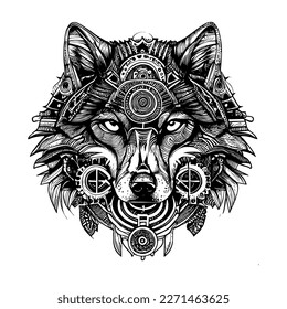 Das Steampunk Wolf Head Logo ist ein beeindruckendes und kraftvolles Bild, das die Stärke eines Wolfs mit den komplizierten Details der Steampunk-Mode verbindet