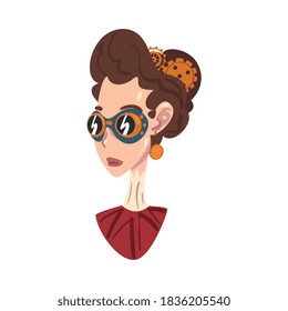 Steampunk Woman Portrait, Beautiful Lady with Retro Hairstyle and Goggles in Stylized Cartoon Style Vector Illustration