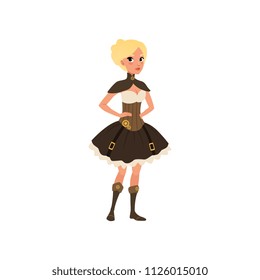 Steampunk woman posing with arms akimbo. Fancy dress for Halloween party. Young girl in top, corset, skirt and boots. Flat vector design