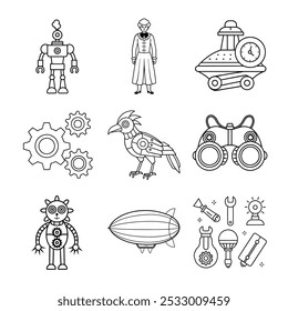 Steampunk Wonders Coloring Page Line Art Bundle with Gears, Clockwork Creatures, Airships, and More