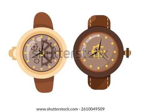 Steampunk wrist watch. Flat vector, clipart illustration isolated on white background.