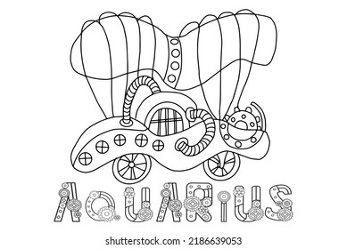 Steampunk-style airship in the form of a Aquarius. Illustration with lettering of the zodiac sign Aquarius in steampunk style, drawn in a linear doodle style. For a calendar or coloring book.