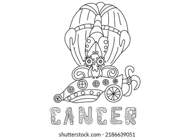 Steampunk-style airship in the form of a cancer. Illustration with lettering of the zodiac sign cancer in steampunk style, drawn in a linear doodle style. For a calendar or coloring book.