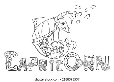 Steampunk-style airship in the form of a capricorn. Illustration with lettering of the zodiac sign Capricorn in steampunk style, drawn in a linear doodle style. For a calendar or coloring book.