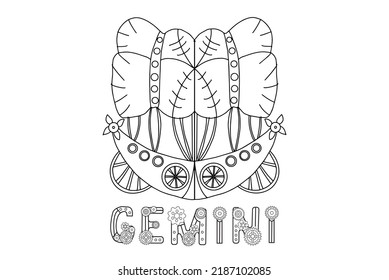 Steampunk-style airship in the form of a gemini. Illustration with lettering of the zodiac sign gemini in steampunk style, drawn in a linear doodle style. For a calendar or coloring book.