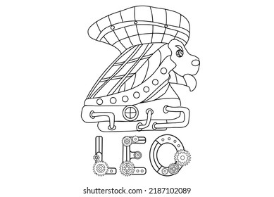 Steampunk-style airship in the form of a leo. Illustration with lettering of the zodiac sign leo in steampunk style, drawn in a linear doodle style. For a calendar or coloring book.