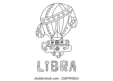 Steampunk-style airship in the form of a libra. Illustration with lettering of the zodiac sign libra in steampunk style, drawn in a linear doodle style. For a calendar or coloring book.