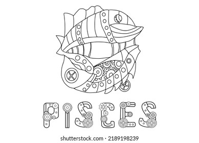 Steampunk-style airship in the form of a pisces. Illustration with lettering of the zodiac sign pisces in steampunk style, drawn in a linear doodle style. For a calendar or coloring book.