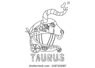 Steampunk-style airship in the form of a taurus. Illustration with lettering of the zodiac sign taurus in steampunk style, drawn in a linear doodle style. For a calendar or coloring book.