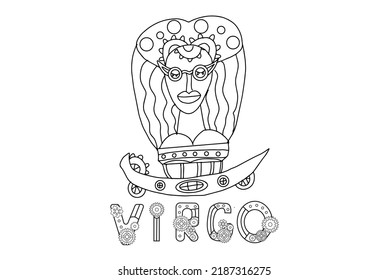 Steampunk-style airship in the form of a virgo. Illustration with lettering of the zodiac sign virgo in steampunk style, drawn in a linear doodle style. For a calendar or coloring book.