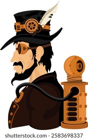 A steampunk-style man with a beard and a hat.