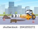 Steamroller compactor asphalting highway construction in urban city illustration