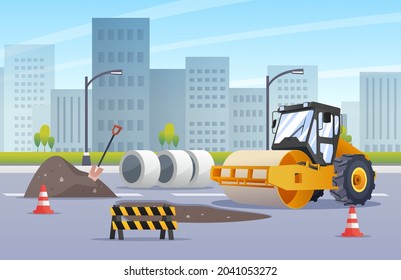 Steamroller compactor asphalting highway construction in urban city illustration