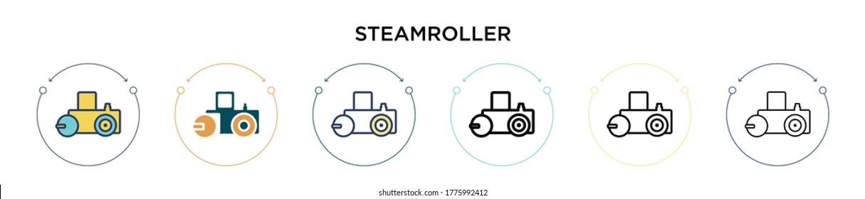 Steamroller icon in filled, thin line, outline and stroke style. Vector illustration of two colored and black steamroller vector icons designs can be used for mobile, ui, web