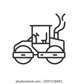 Steamroller, icon in line design. Steamroller, construction vehicle, road roller, machinery, compaction, construction equipment, paving on white background vector. Steamroller editable stroke icon