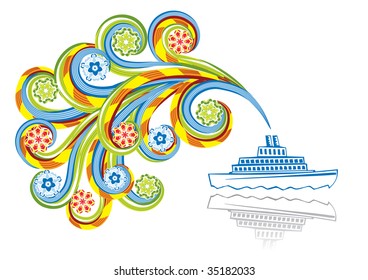 Steamship in abstract collage. Format A4. Vector illustration. Isolated groups and layers. Global colors.
