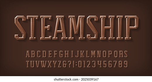 Steamship alphabet font. Rivet letters and numbers and symbols. Stock vector typescript for your design.