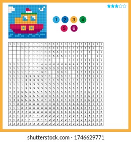 Steamship. Color by numbers. Coloring book for kids. Colorful Puzzle Game for Children with answer.