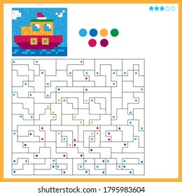 Steamship. Coloring book for kids. Colorful Puzzle Game for Children with answer.