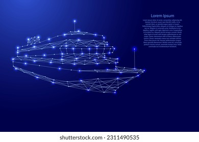 Steamship cruise passenger liner, from futuristic polygonal blue lines and glowing stars for banner, poster, greeting card. Low poly concept. Vector illustration.