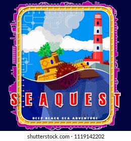 Steamship on the background of the island with a tree and a lighthouse. Emblem with electromechanical elements. Background, text and water are located on separate layers and can be easily disabled.